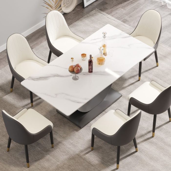 70.87" Modern Artificial Stone Crescent-Shaped Metal Legs, Can Accommodate 6-8 People - White / Black - Image 3