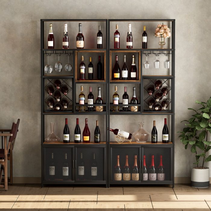 Industrial Tall Black Bar Wine Rack Cabinet With Glass Holder Wood Home Bar Cabinet - Walnut / Black - Image 4