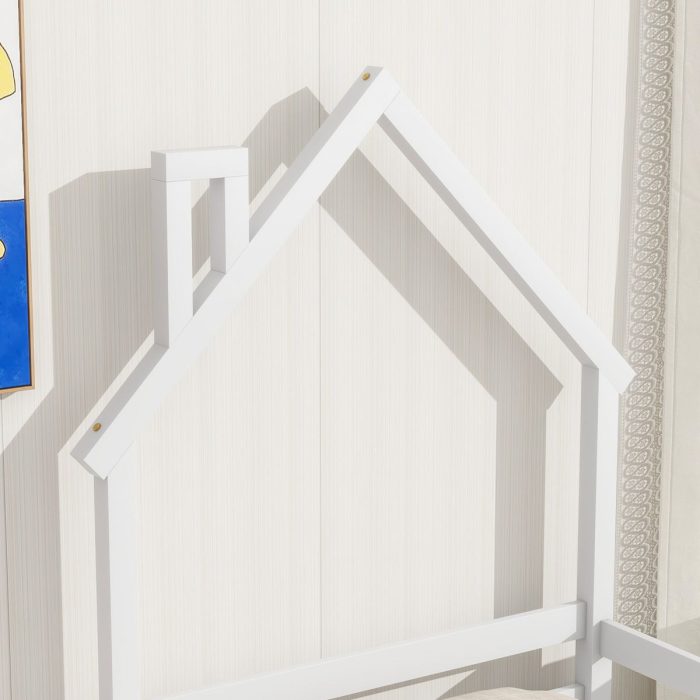 Twin House-Shaped Headboard Floor Bed With Handrails, Slats - Image 4