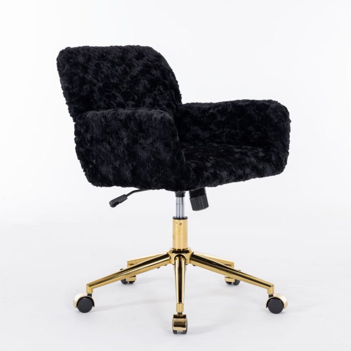 Office Chair, Artificial Rabbit Hair Home Office Chair With Golden Metal Base, Adjustable Desk Chair Swivel Office Chair, Vanity Chair - Image 5