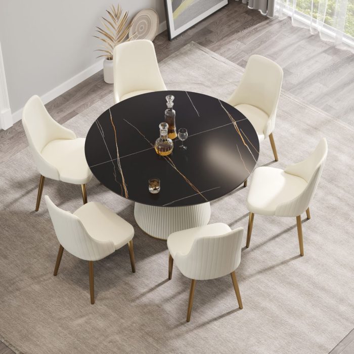 Modern Artificial Stone Round Plywood Base Dining Table, Can Accommodate 6 People, (Not Including Chairs) - Black / Beige - Image 2