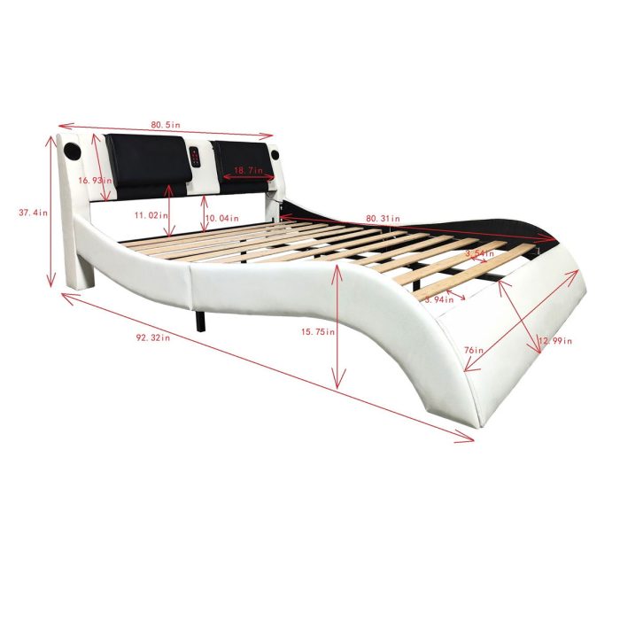 Upholstered Platform Bed Frame With LED Lighting, Bluetooth Connection To Play Music Control, Backrest Vibration Massage, Curve Design, Wood Slat Support, Exhibited Speakers - Image 6