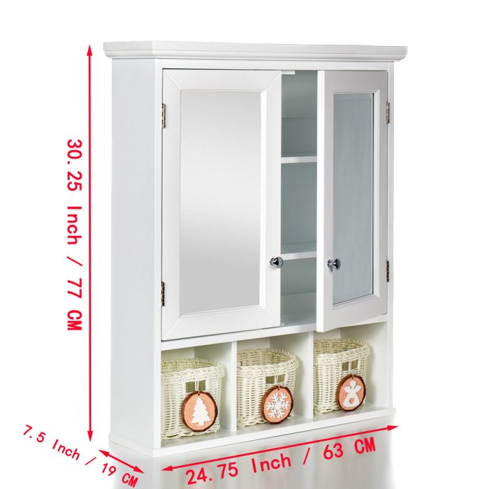 Bathroom Storage Cabinet, Medicine Cabinets For Bathroom With Mirror, 2 Doors 2 Adjustable Shelf & 3 Christmas Style Storage Basket - White - Image 3