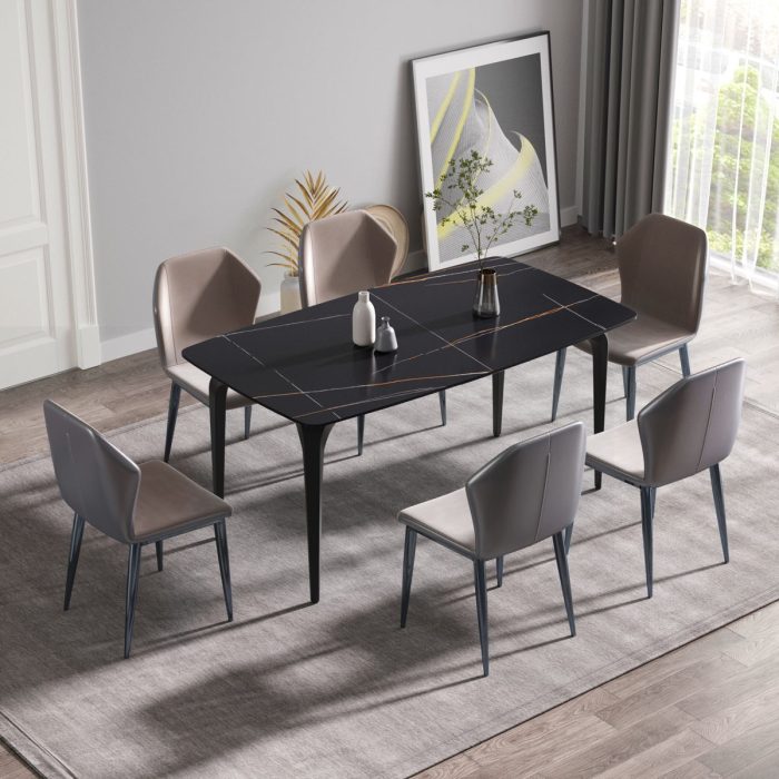 63" Artificial Stone Black Curved Black Metal Leg Dining Table, 6 People - Black - Image 4