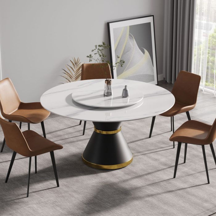 Modern Artificial Stone Round Carbon Steel Base Dining Table Stone Turntable - Image 5