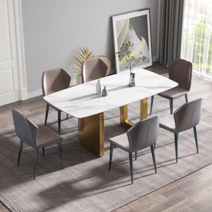 70.87" Modern Artificial Stone White Curved Metal Leg Dining Table - White / Gold - Image 3