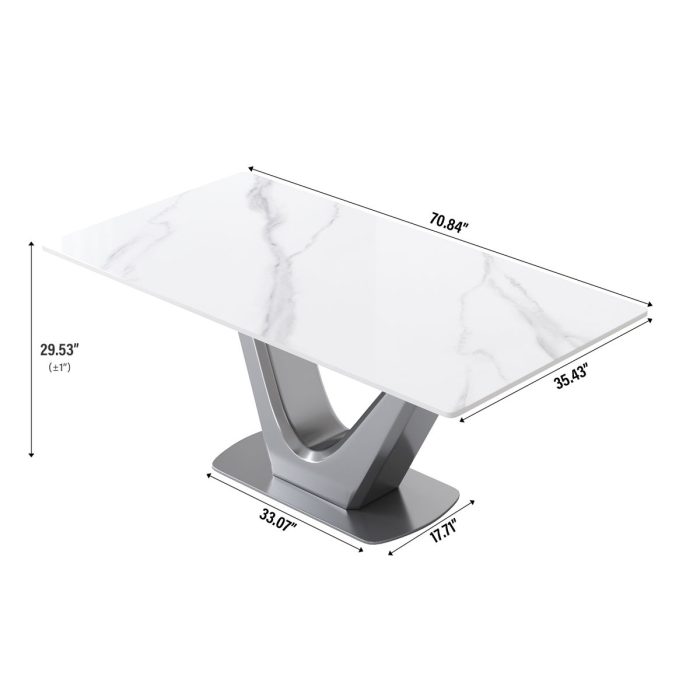 70.84" Modern Artificial Stone Panel V-Shaped Metal Legs, Can Accommodate 6-8 People - White / Gray - Image 3