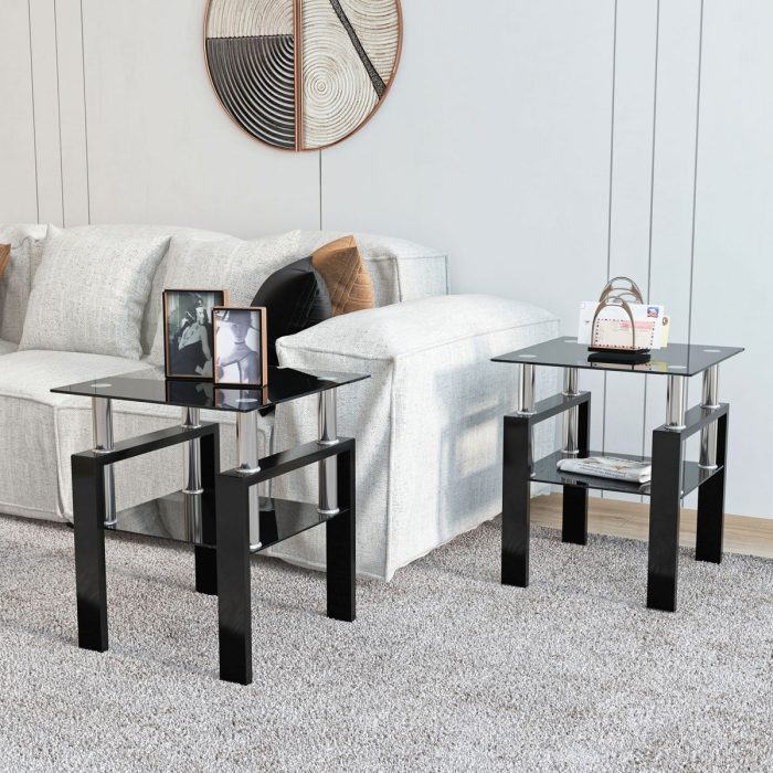 Modern Tempered Glass Tea Table, End Square Table For Living Room (Set of 2) - Black - Image 2