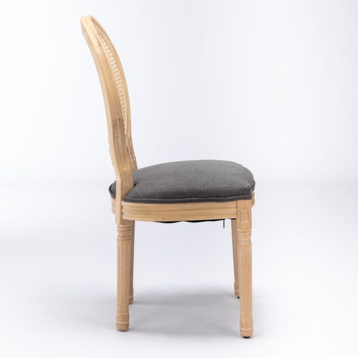 French Style Solid Wood Frame Antique Painting Linen Fabric Rattan Back Dining Chair (Set of 2) - Image 5