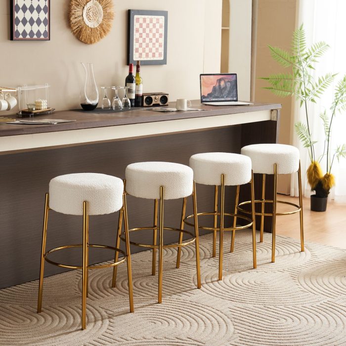 Round High Bar Stools (Set of 2), Contemporary Upholstered Dining Stools For Kitchens, Coffee Shops And Bar Stores - Gold Legs - Image 6