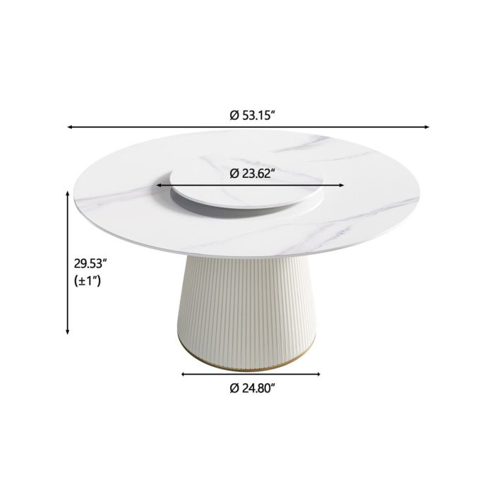 Modern Artificial Stone Round Plywood Base Dining Table, Can Accommodate 6 People, Artificial Stone Turntable (Not Including Chairs) - White / Beige - Image 4