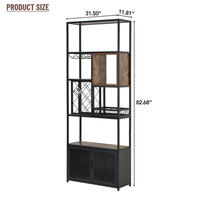 Industrial Tall Black Bar Wine Rack Cabinet With Glass Holder Wood Home Bar Cabinet - Walnut / Black - Image 2