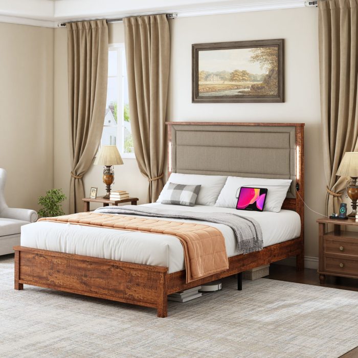 Queen Size Bed Frame With Upholstered Headboard, Queen Bed Frame With Charging Station And LED Lights, Wood Slats, No Box Spring Needed - Gray / Dark Brown - Image 2