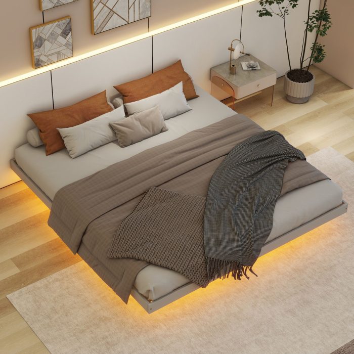 Floating Bed With Led Lights Underneath, Modern Queen Size Low Profile Platform Bed With Led Lights - Image 7