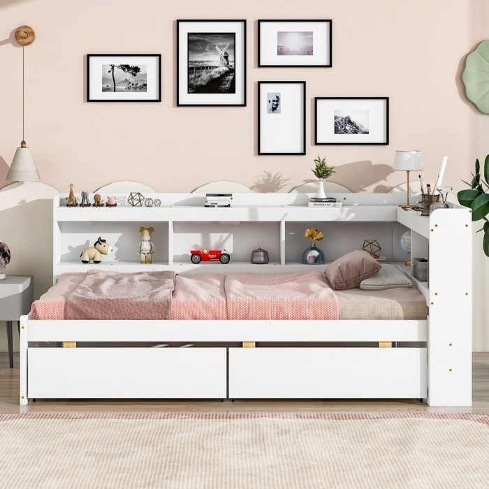 Twin Bed With L-Shaped Bookcases, Drawers - Image 6