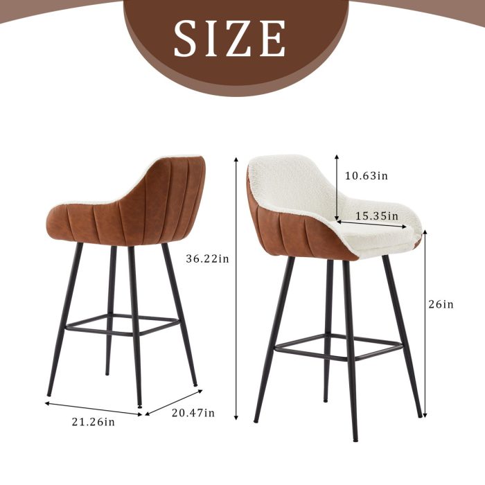 Modern Counter Height Bar Stools (Set of 2), Mid-Century Leather Upholstered Accent Arm Bar Stools, Leisure Side Chair With Metal Legs For Kitchen & Dining Room - Dark Brown / White - Image 2