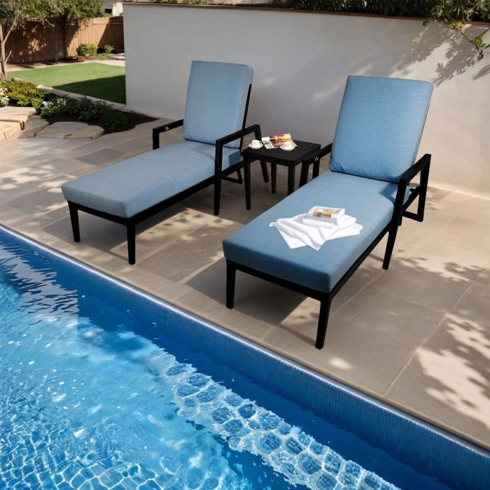 3 Piece Outdoor Patio Lounge Set, 2 Chaise & 1 End Table With Modern Tapered Feet, Pneumatic Adjustable Backrest, Wheels, Sunbrella Cushion - Ember Black / Blue - Image 4