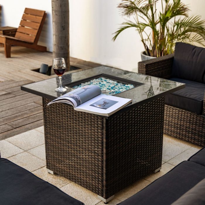 30" Outdoor Fire Table Propane Gas Fire Pit Table With Lid Gas Fire Pit Table With Glass Rocks And Rain Cover - Espresso - Image 4