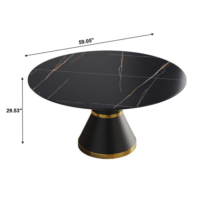 59.05" Modern Artificial Stone Round Black Carbon Steel Base Dining Table, Can Accommodate 6 People - Black - Image 2