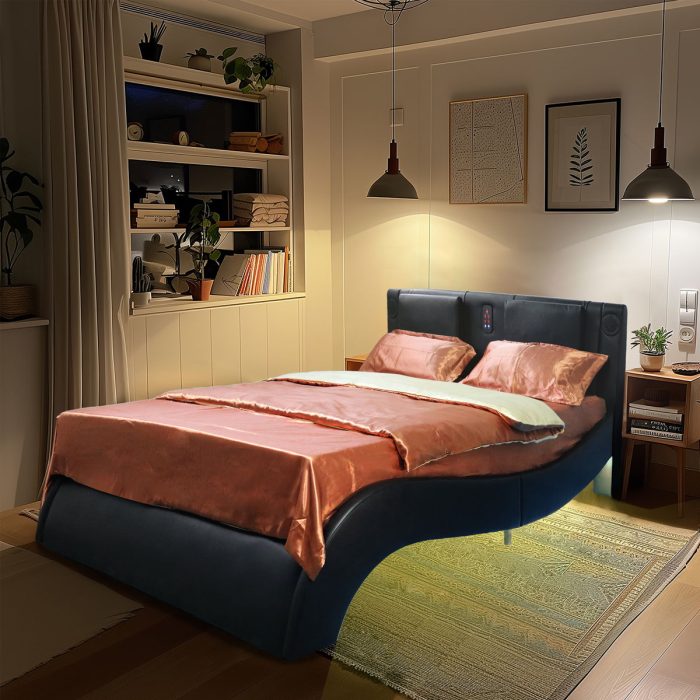 Upholstered Platform Bed Frame With LED Lighting, Bluetooth Connection To Play Music Control, Backrest Vibration Massage, Curve Design, Wood Slat Support, Exhibited Speakers - Image 5