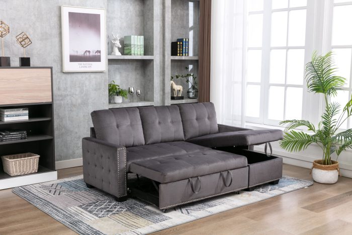Reversible Sectional Storage Sleeper Sofa Bed, L-Shape 2 Seat Sectional Chaise With Storage, Skin-Feeling Velvet Fabric - Image 10