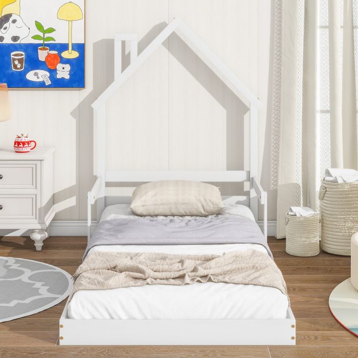 Twin House-Shaped Headboard Floor Bed With Handrails, Slats - Image 6