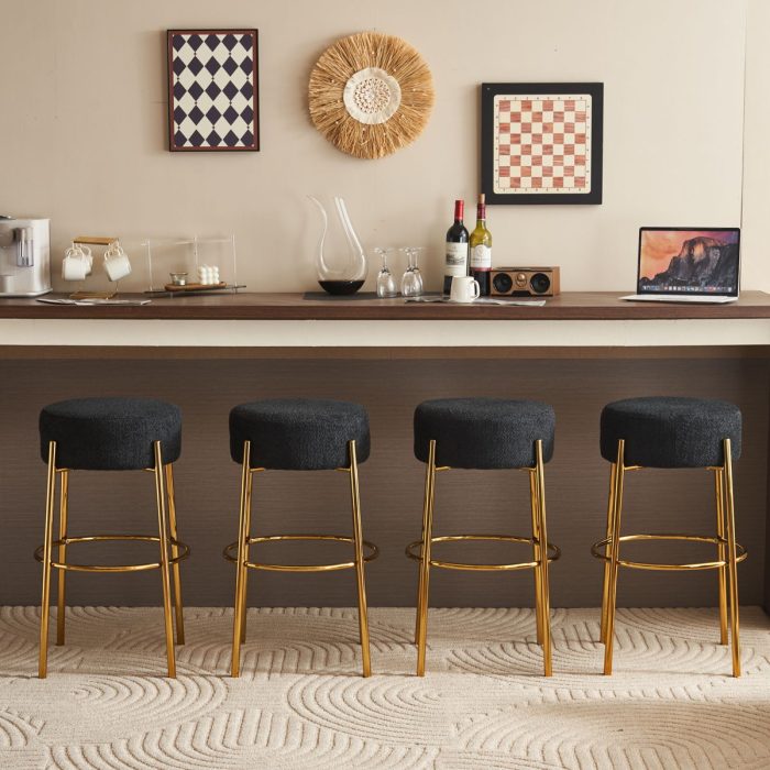Round High Bar Stools (Set of 2), Contemporary Upholstered Dining Stools For Kitchens, Coffee Shops And Bar Stores - Gold Legs - Image 2