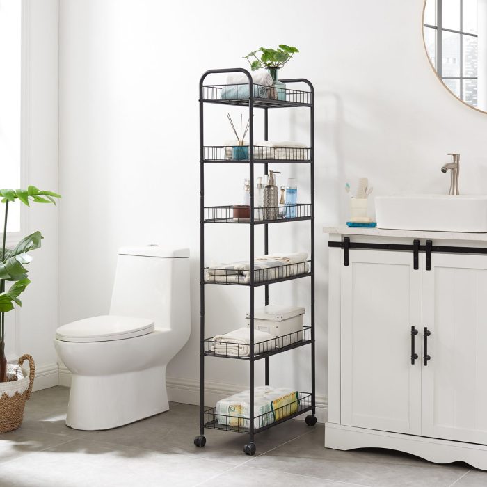 6 Tier Slim Rolling Storage Cart, Mobile Shelving Unit With Wheels, Metal Wire Storage Shelving Rack With Baskets For Kitchen Bathroom Office Laundry Narrow Piaces - Black - Image 2