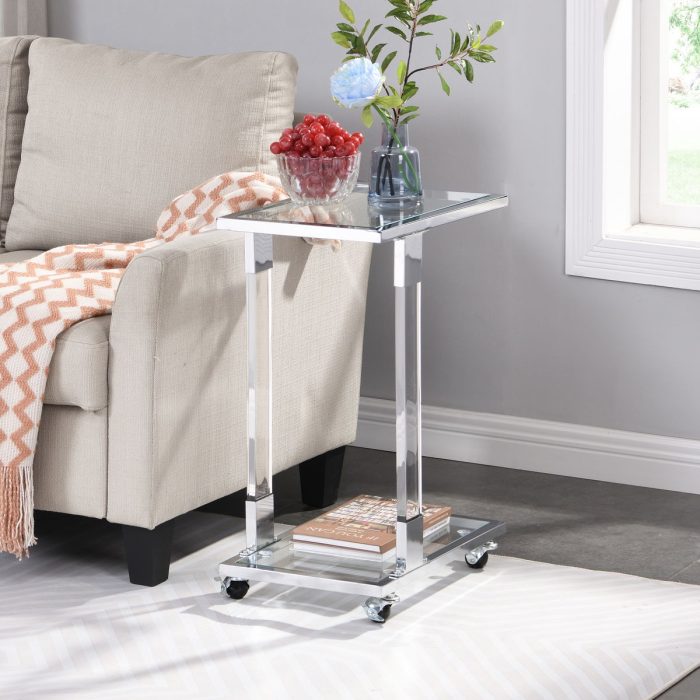 Side Table, Sofa Table, Glass Top C Shape Square Table With Metal Base For Living Room, Bedroom, Balcony Home And Office - Image 5