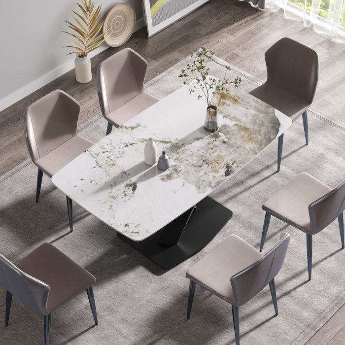 Modern Artificial Stone Pandora White Curved Metal Leg Dining Table, 6 People - Antique White - Image 3