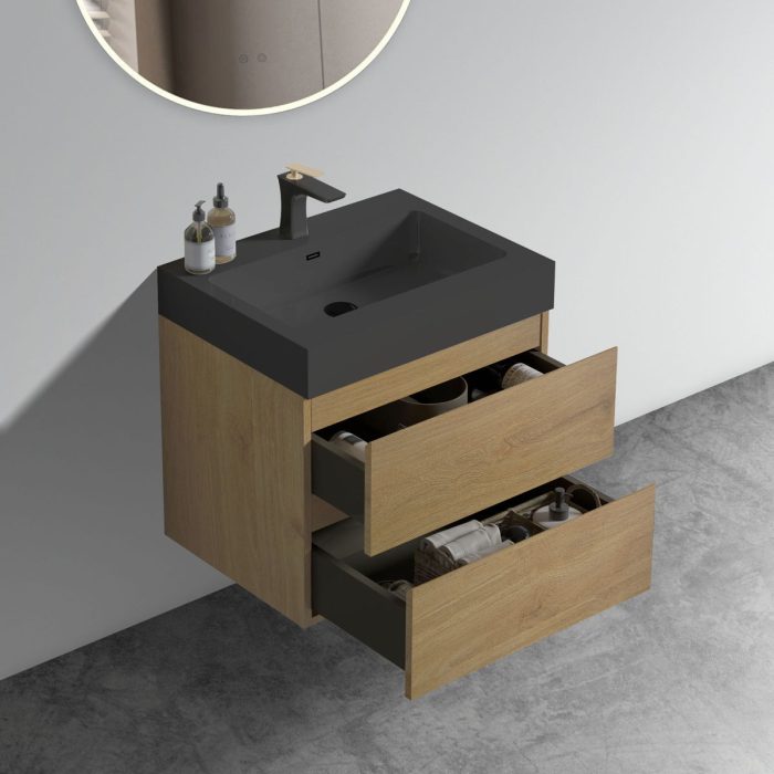 Alice - Natural Oak Bathroom Vanity With Sink, Large Storage Wall Mounted Floating Bathroom Vanity For Modern Bathroom, One-Piece Black Sink Basin Without Drain - Image 3
