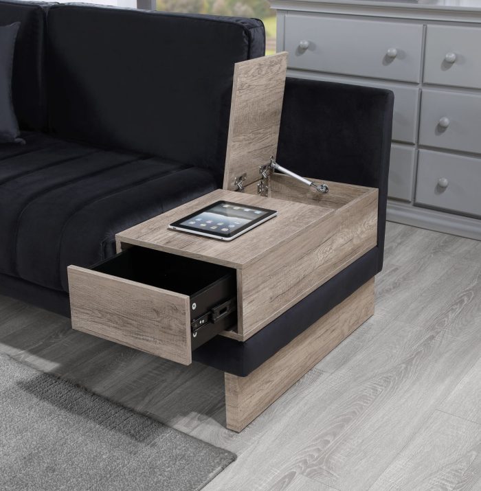 Memphis - Velvet Reversible Sectional Sofa Ottoman With Storage Compartment, Drawer, USB ports, Charging Outlets - Image 2