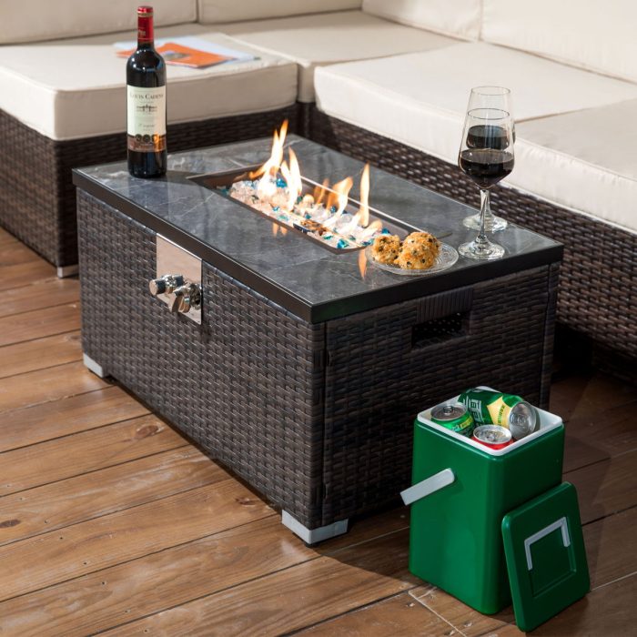 Outdoor Fire Table Propane Fire Pit Rattan Gas Fire Table, Gas Fire Table With Tile Tabletop - Brown - Image 4