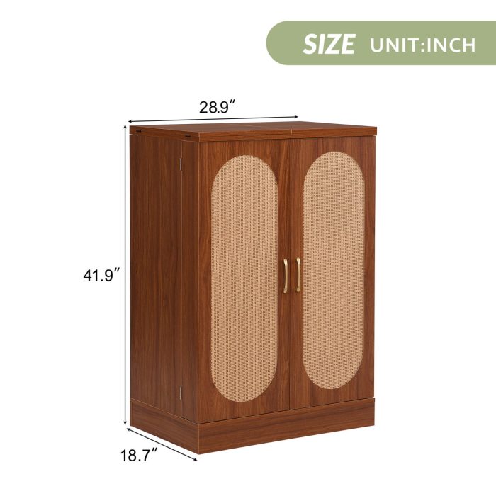 Home Bar Cabinet, Industrial Rattan Door Fold Out Bar Cabinet With Storage Bar Table - Walnut - Image 4