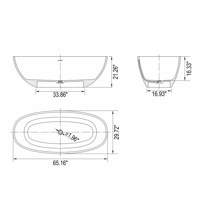 65.2" Freestanding Solid Surface Soaking Bathtub For Bathroom - Matte White - Image 2