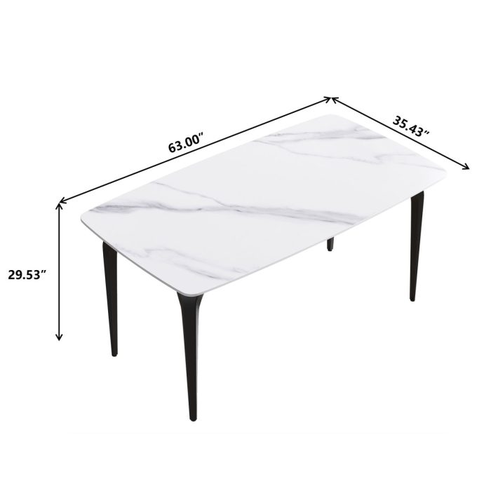 63" Modern Artificial Stone White Curved Black Metal Leg Dining Table, 6 People - White - Image 3
