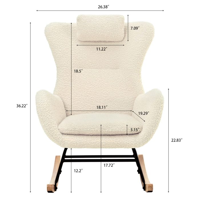 Rocking Chair Nursery, Teddy Upholstered Rocker Glider Chair With High Backrest, Adjustable Headrest & Pocket, Comfy Glider Chair For Nursery, Bedroom, Living Room, Offices, Rubber Wood - Image 2