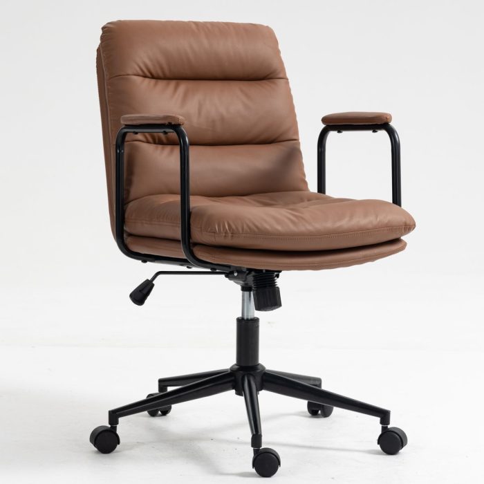 Office Chair, Mid Back Home Office Desk Task Chair With Wheels And Arms Ergonomic PU Leather Computer Rolling Swivel Chair With Padded Armrest - Image 4