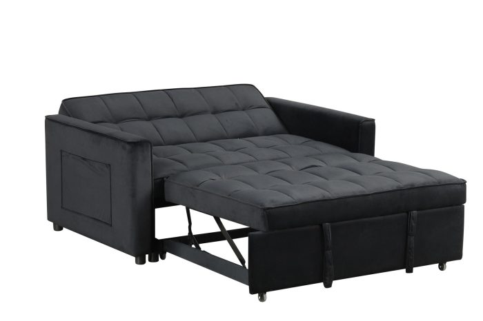 Maeve - Velvet Convertible Sleeper Loveseat With Tufting and Side Pocket - Black - Image 4