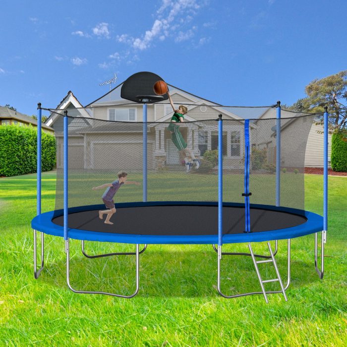 14Ft Trampoline For Adults & Kids With Basketball Hoop, Outdoor Trampolines With Ladder And Safety Enclosure Net For Kids And Adults, Double-Side Color Cover - Blue - Image 2