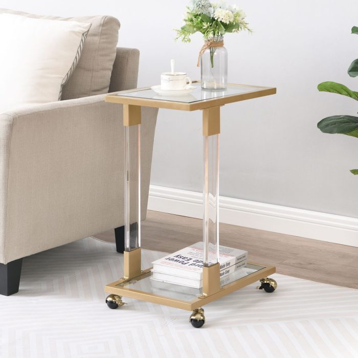 Side Table, Sofa Table, Glass Top C Shape Square Table With Metal Base For Living Room, Bedroom, Balcony Home And Office - Image 3
