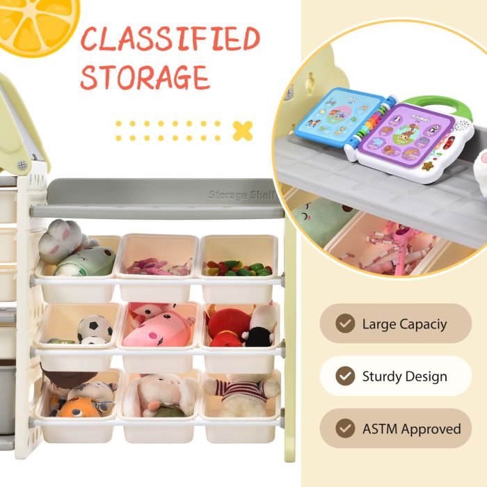 Kids Toy Storage Organizer With 14 Bins, Multi-Functional Nursery Organizer Kids Furniture Set Toy Storage Cabinet Unit With HDPE Shelf And Bins For Playroom, Bedroom, Living Room - Light Green - Image 4