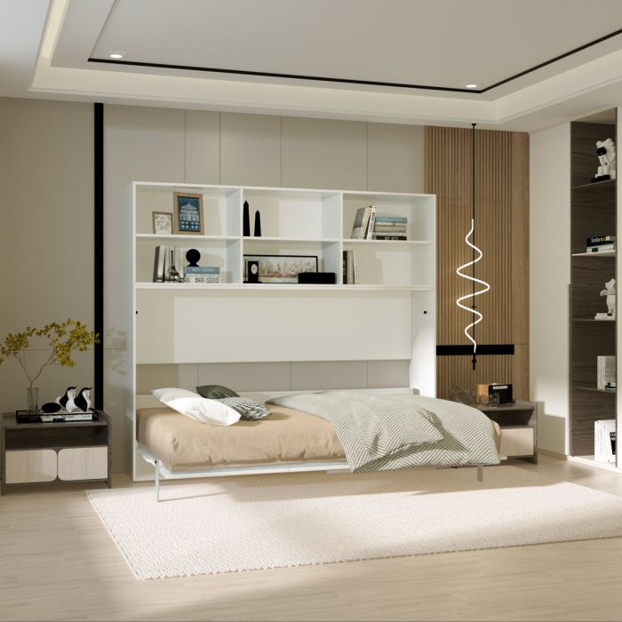 Mordern Design Twin Size Horizontal Murphy Bed With Shelf Storage For Bedroom Or Guestroom Wall Bed Space Saving Hidden Bed With New Style Gas Struts - White - Image 3