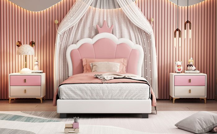 Twin Size Upholstered Princess Bed & Crown Headboard, Platform Bed With Headboard And Footboard - White / Pink - Image 3