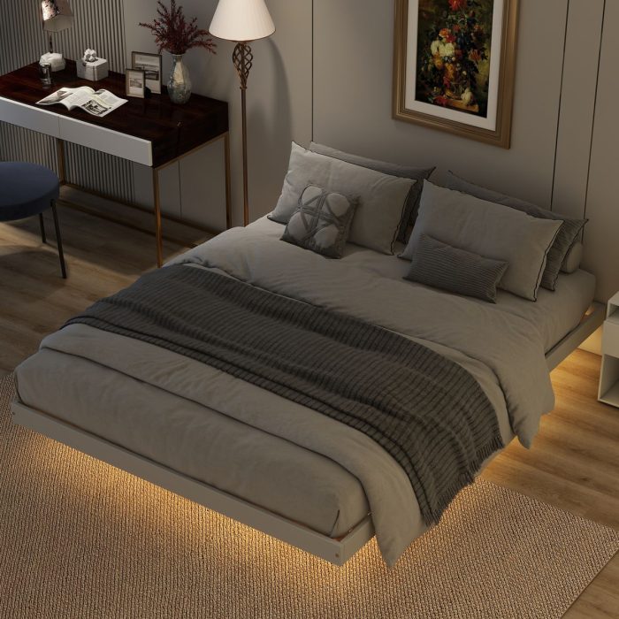 Floating Bed With Led Lights Underneath, Modern Queen Size Low Profile Platform Bed With Led Lights - Image 4