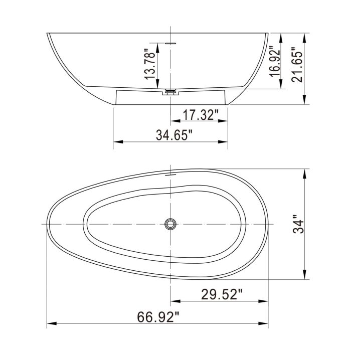 66.9" x 34" x 21.7" Freestanding Solid Surface Soaking Bathtub For Bathroom - Matte White - Image 3