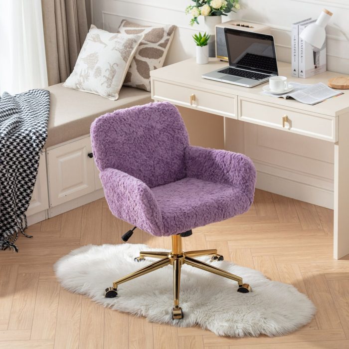 Office Chair, Artificial Rabbit Hair Home Office Chair With Golden Metal Base, Adjustable Desk Chair Swivel Office Chair, Vanity Chair - Image 13