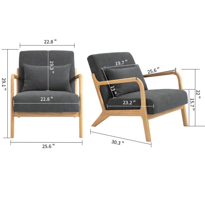 Mid-Century Modern Accent Chair With Wood Frame, Upholstered Living Room Chairs With Waist Cushion, Reading Armchair For Bedroom Sunroom - Image 8