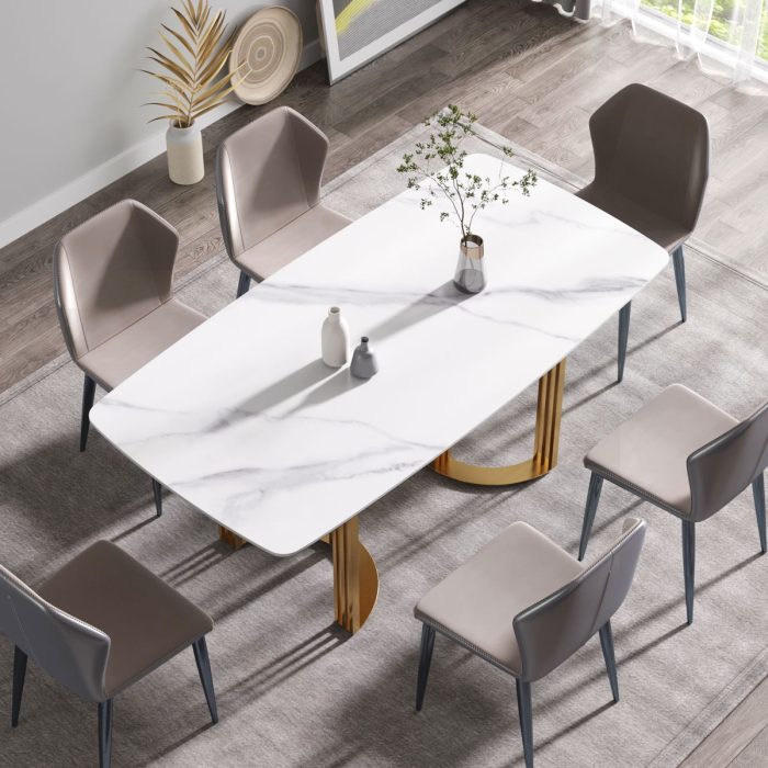 70.87" Modern Artificial Stone White Curved Golden Metal Leg Dining Table, Can Accommodate 6-8 People - White / Gold - Image 3