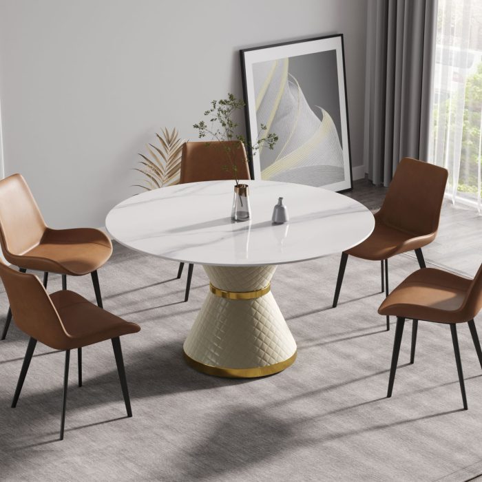 Modern Artificial Stone Round Carbon Steel Base Dining Table, Can Accommodate 6 People - Image 13